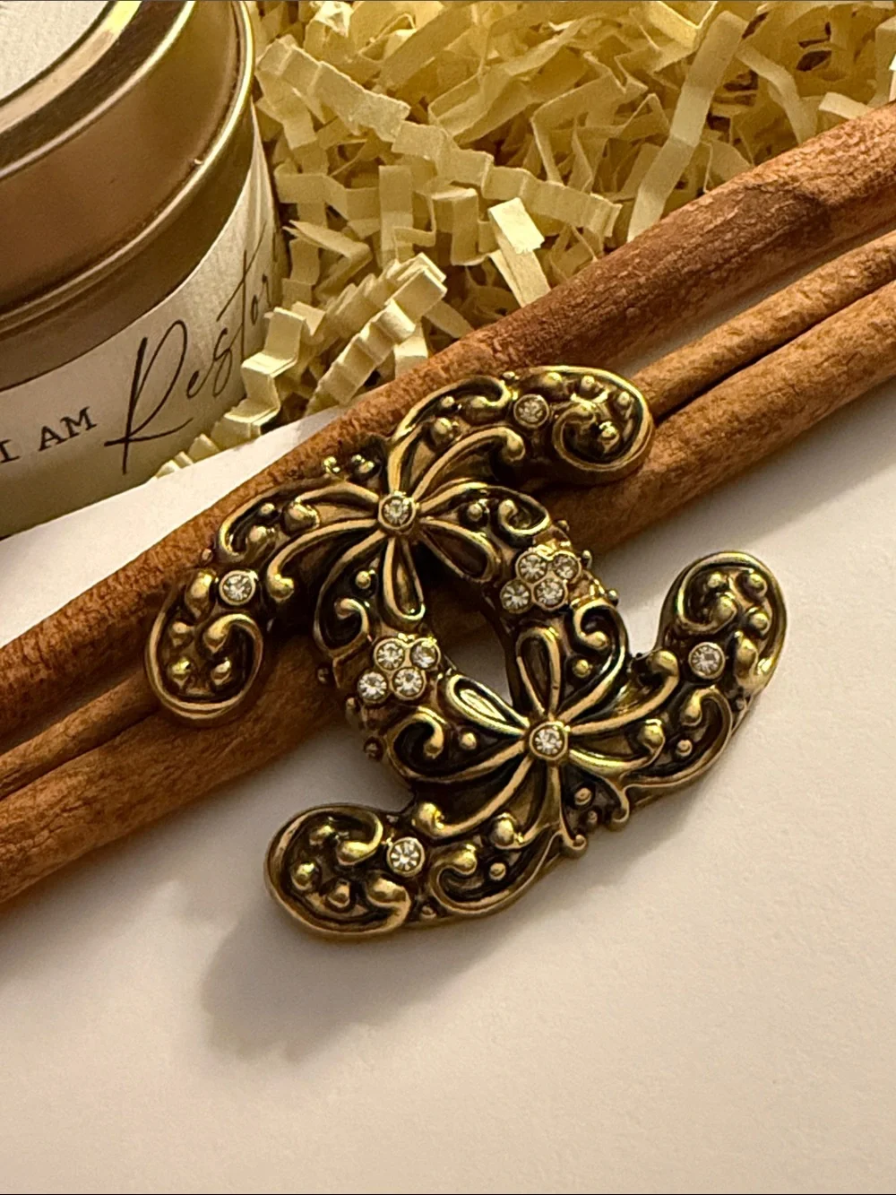 Fashion Jewelry Gold-Tone Rhinestone Brooch - Floral Scroll Design